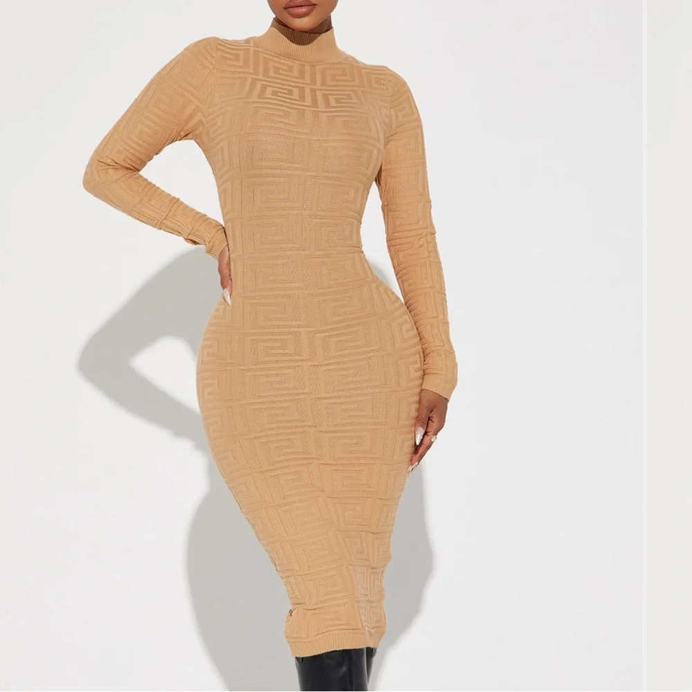 Tan Textured Sweater Midi Dress - Picture 1 of 6